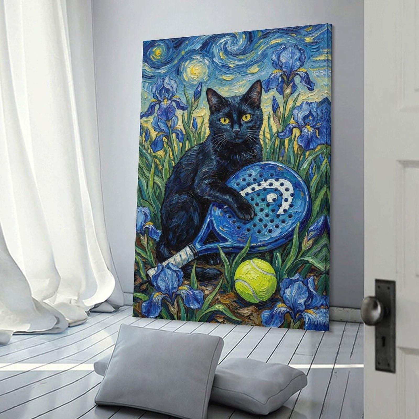 Junmoney Frame-Style-3 Black Cat With Paddle Racket Painting Wall Picture Print, 20X30inch(50X75cm), For Wall Displays, Bedrooms Or Room Updates, Decorative Artwork With Flexible Styling