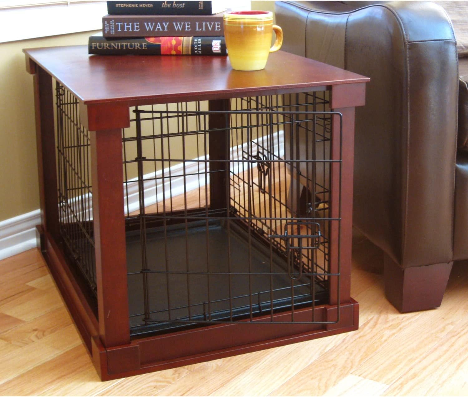 Merry Products Medium Slide Aside Dog Crate and End Table Furniture Indoor Use, Dog Kennel Wooden Material with Sliding Door, Decorative Wooden Pet Crate and End Table, For Small Dogs, Mahogany