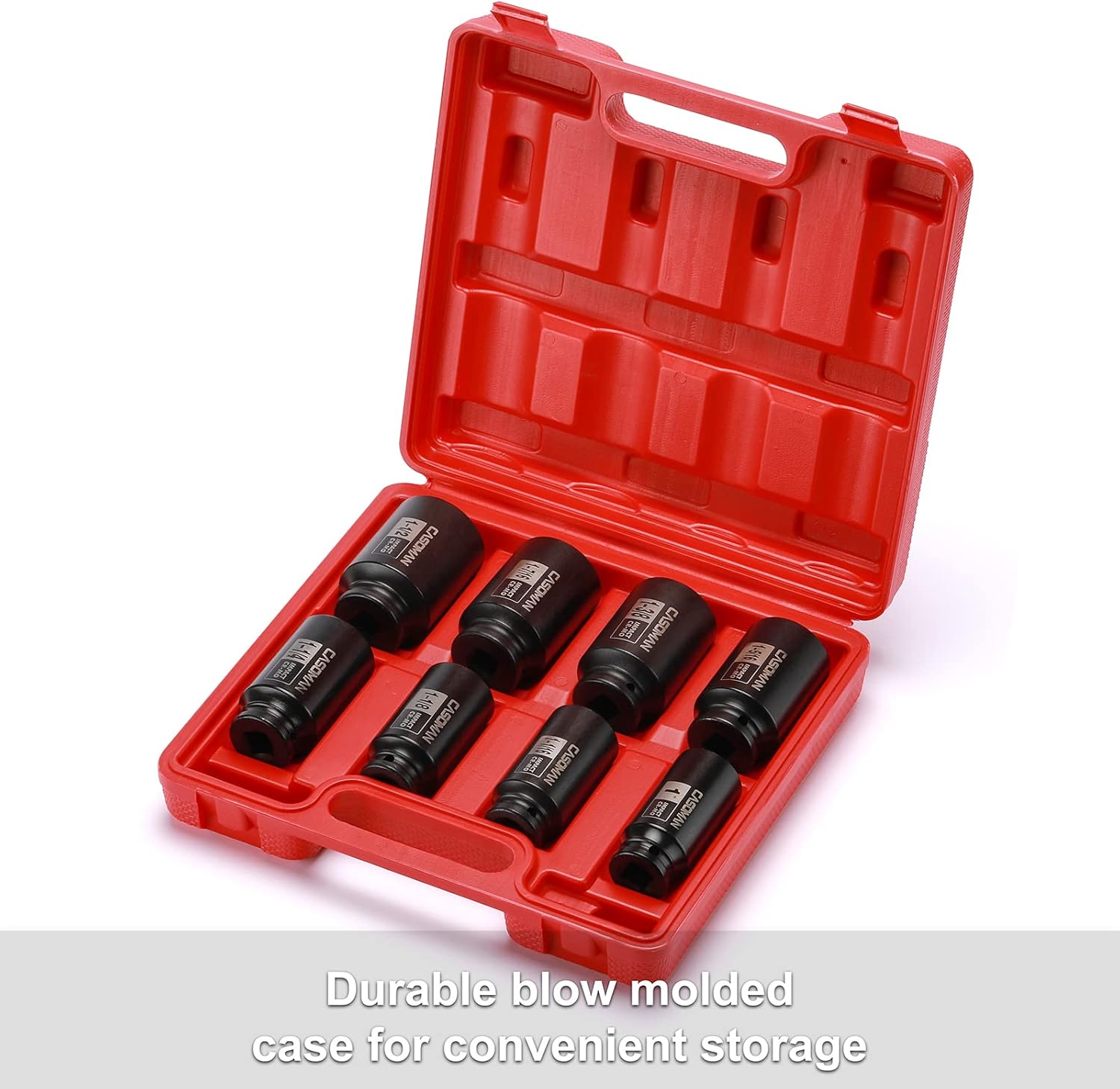 CASOMAN 1/2-Inch Drive Deep Spindle Axle Nut Impact Socket Set, 6 Point, CR-MO, SAE, 1" to 1-1/2", 8-Piece 1/2" Dr. Deep Impact Socket Set
