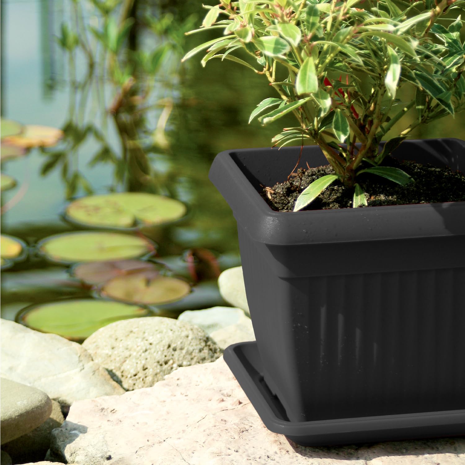 IMJ-Global Set di 10 Vasi e Sottovasi Quadrati Terra in Plastica 24x24x20 cm da Interno Esterno Colore Nero Design Classici