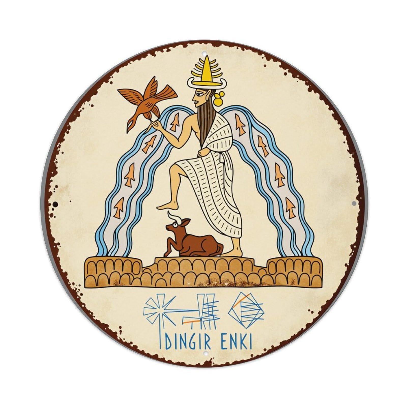 Ancient Deity With Bird And Deer Round Tin Sign Vintage Style Metal Sign Home Bar Garden Wall Plaque Decor Metal Poster 8x8 Inch