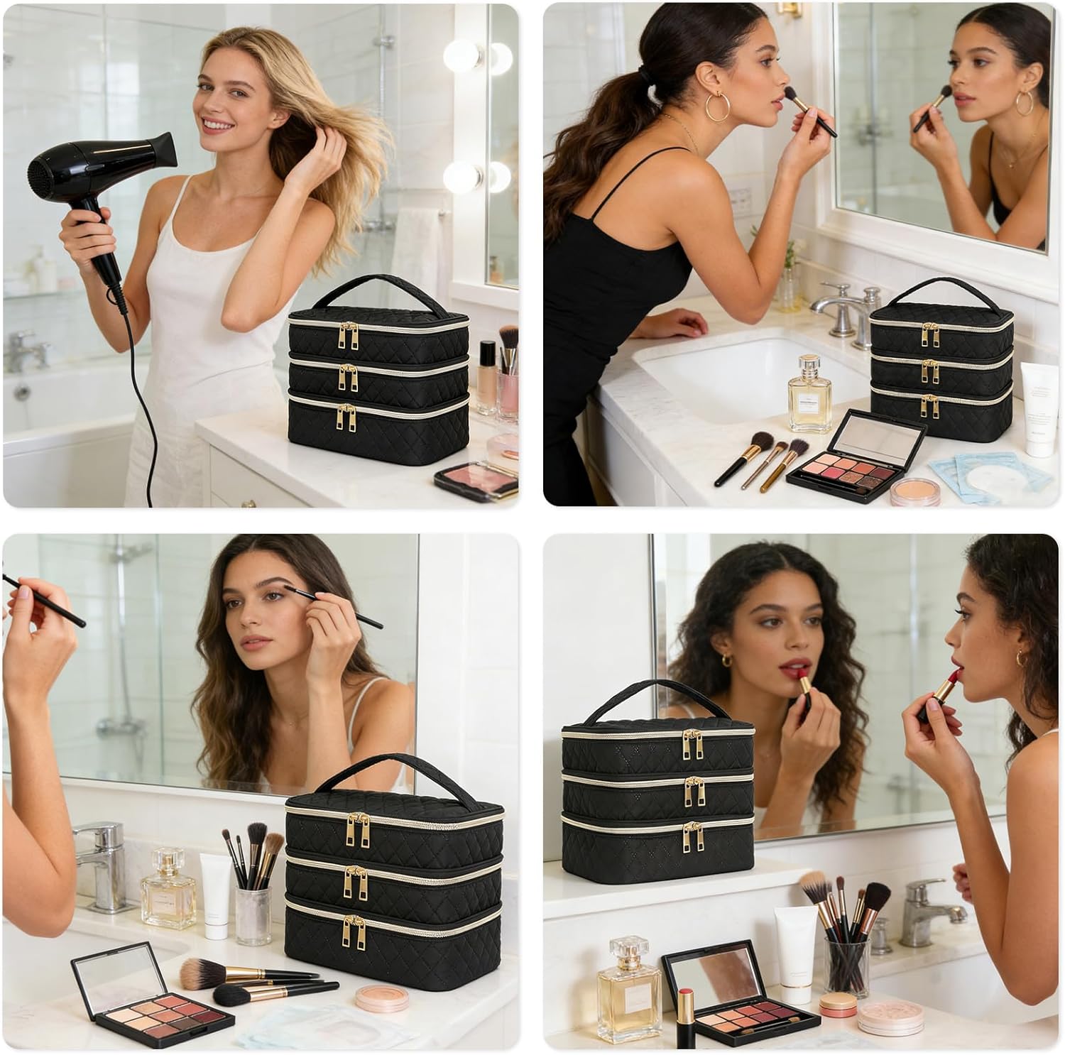 Travel Makeup Bag for Women Three Layer Large Cosmetic Case Water-resistant Toiletry Bag Organizer for Store Toiletries Cosmetic Accessories and Manicure Sets Black - Image 6