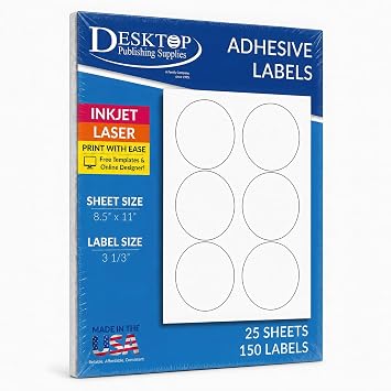 White Round Labels 3 1/3" Permanent Adhesive Matte Finish - 150 Labels