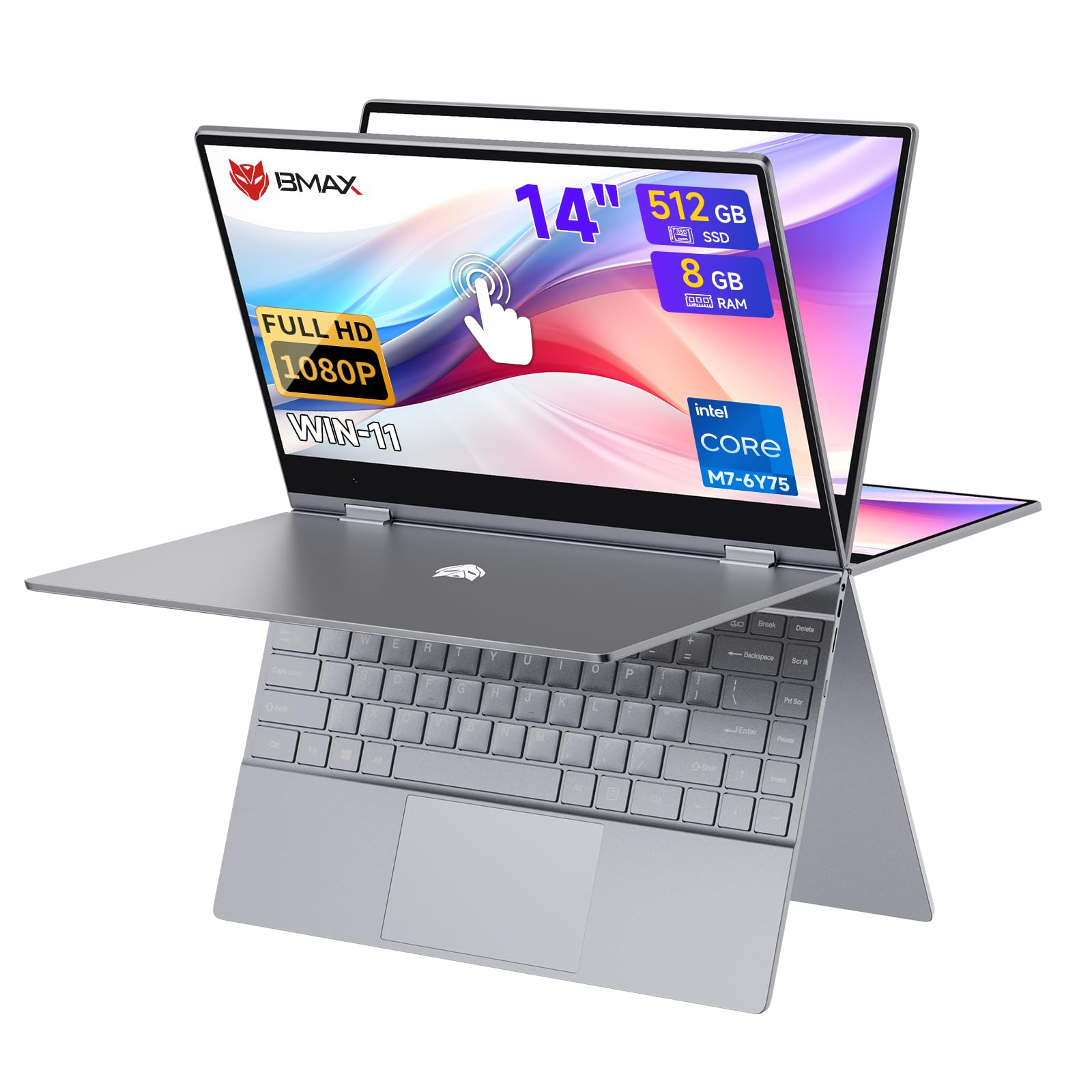 BMAX 2 in 1 Notebook 14,1 Pollici PC Touch Screen Core M7-6Y75 8GB RAM 512GB SSD Convertibile 360° Computer Portatile Win 11, 1920x1080 IPS Bluetooth Type C Tastiera Retroilluminata