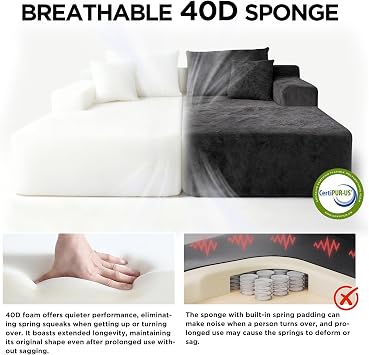 Sytopia Loveseat Chaise Lounge with Armrests, Oversized Sofa Bed with 4 Pillows, Cozy Boneless Sleeper, Modular Sectional Couch for Living Room Bedroom, Floor Chair Furniture sala Chenille, Black