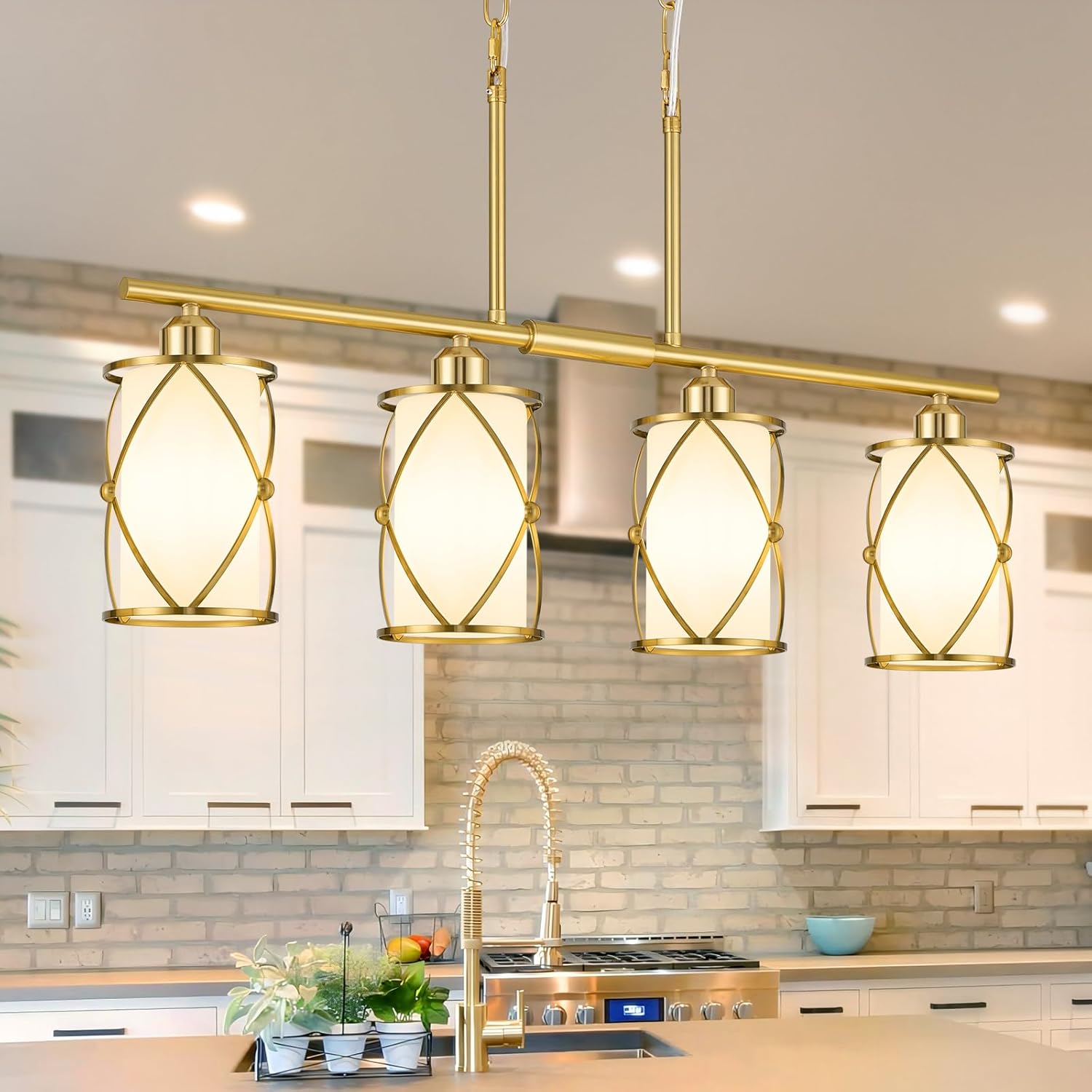 4-Light Kitchen Island Lighting, Brushed Gold Linear Dining Room Light Fixtures with Milk Glass, Modern Industrial Chandelier Pendant Light for Kitchen Island Dining Room, CH9176BGW-4IS Gold, Milk White Glass 4-Light, Linear