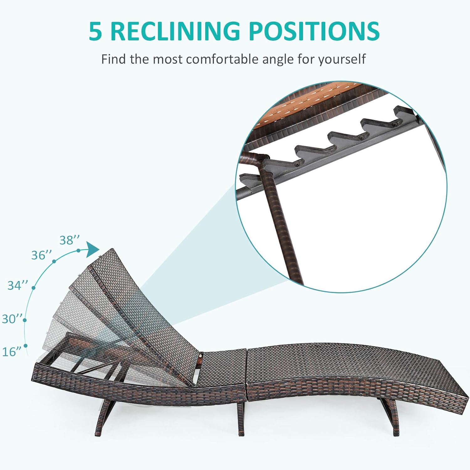 RELAX4LIFE Chaise Lounge Chair Recliner Patio Adjustable Folding Reclining Wicker Chair with 5 Backrest Positions, Removable Upholster for Pool, Garden Outdoor PE Rattan Reclining Chair(1, Turquoise)