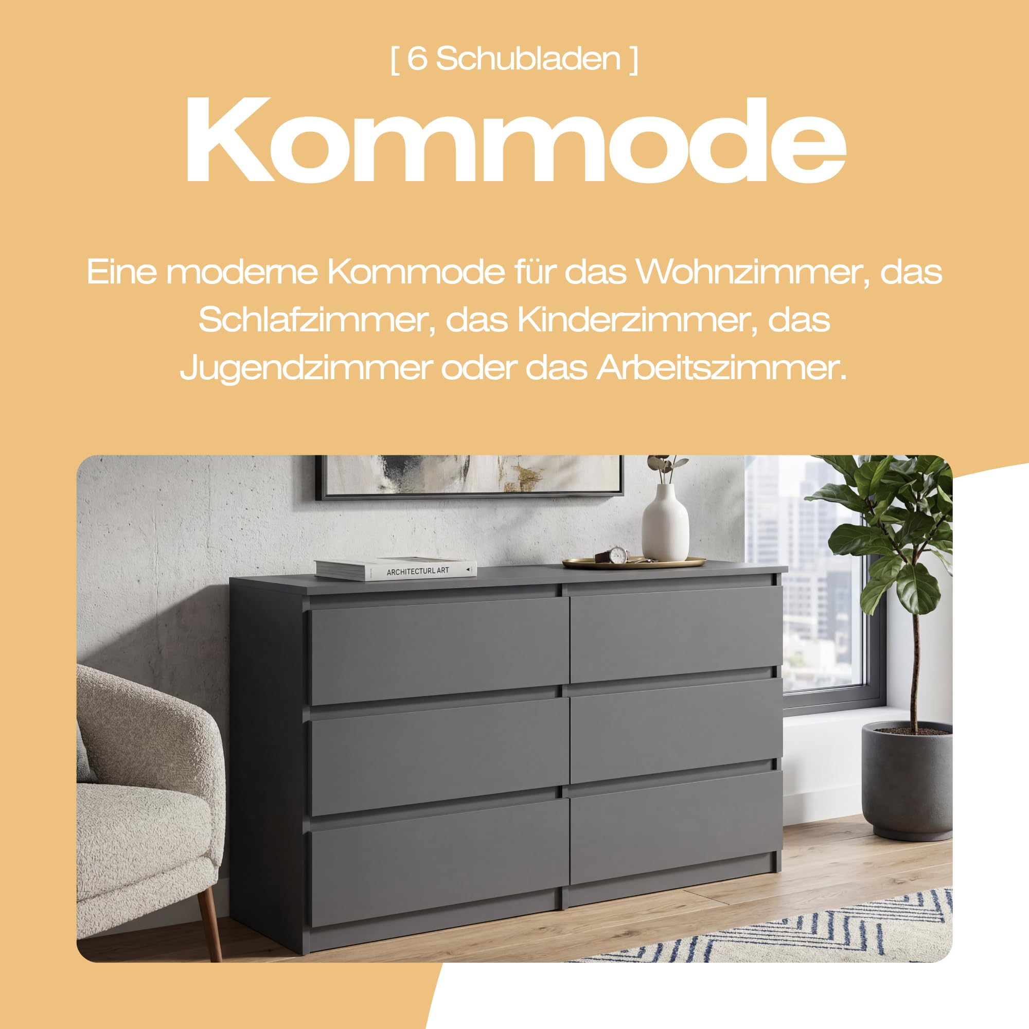 Kommode mit 6 Schubladen 120 cm Ideal für Wohnzimmer, Schlafzimmer, Kinderzimmer, Jugendzimmer und Büro Moderne Elegante Lösung für stilvolle Aufbewahrung (Anthrazit)