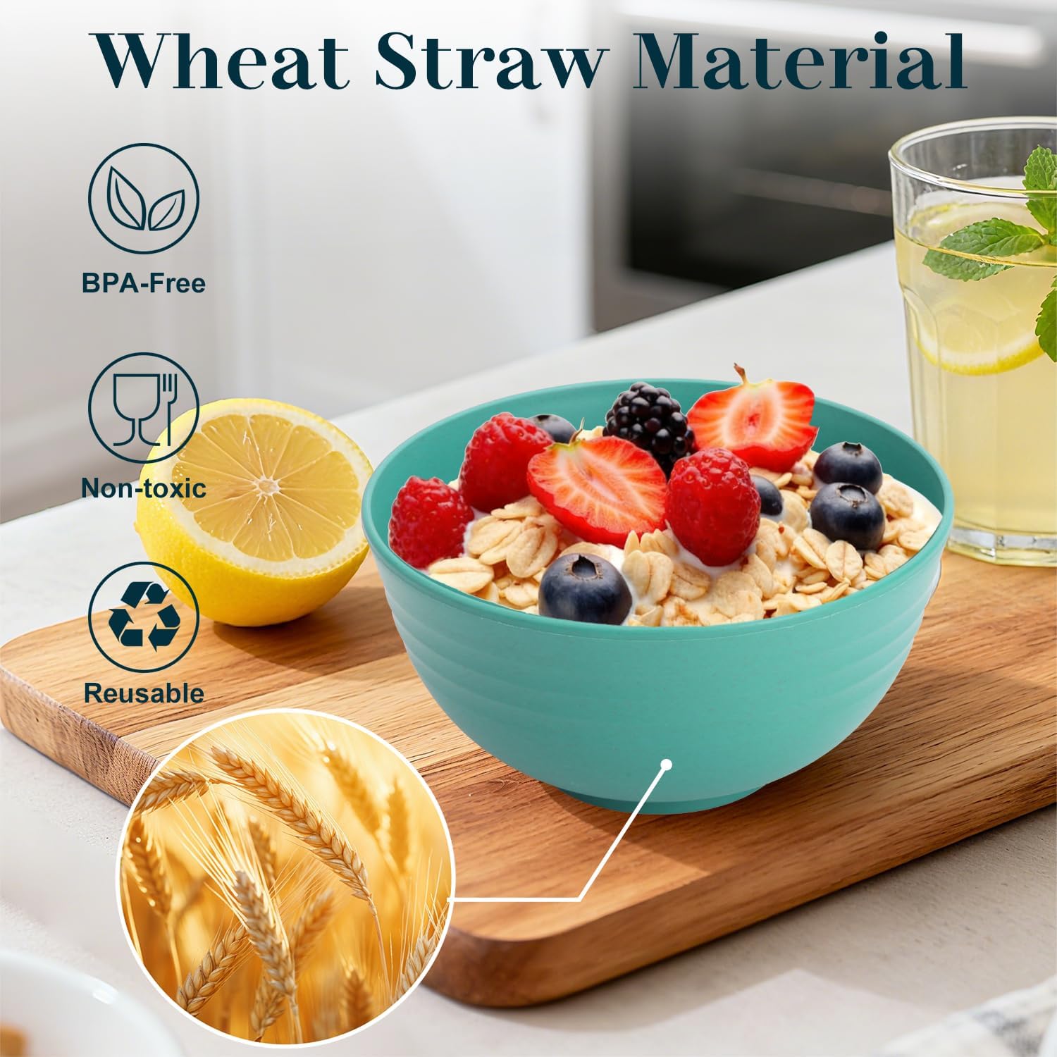 Kitchen Bowls 26 OZ, Unbreakable Cereal Bowls Set of 8, Microwave Safe Wheat Straw bowls for Camping, School, Dorm, Reusable Plastic Bowl for Cereal, Ramen, Salad, Rice, Snack - Green image 3