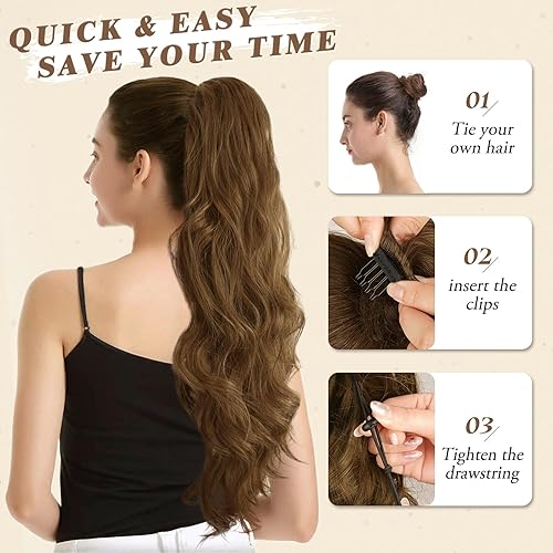 Miniatura 6 de BARSDAR Extensión de cola de caballo de 26 pulgadas, extensiones de cabello ondulado con cordón, extensiones de cabello sintético marrón con clip,