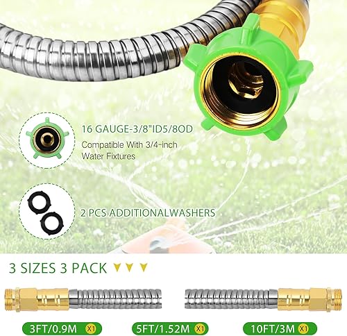 Miniatura 5 de Zonon Manguera de jardín corta de 3 pies, 5 pies, 10 pies, manguera de jardín de acero inoxidable, flexible y resistente, manguera de agua de metal