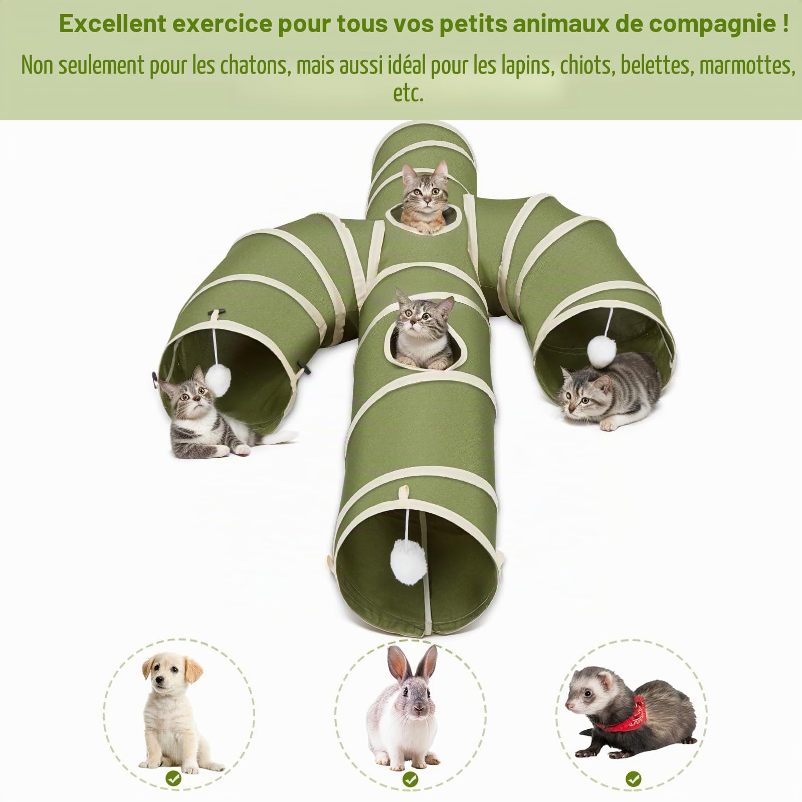 Ownpets Tunnel pour chat - Grand cactus - 4 voies - Avec tissu Oxford robuste - Pliable et indéchirable - Diamètre : 25 cm - Vert