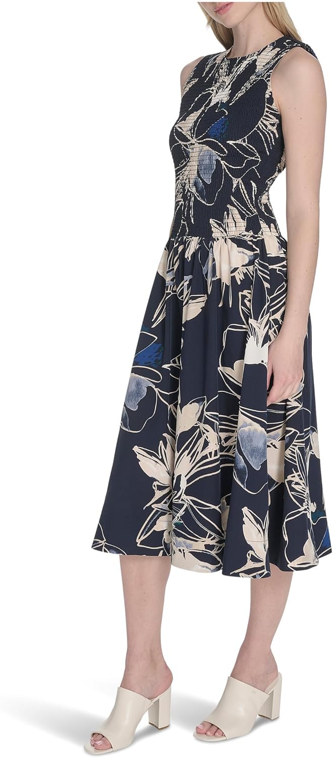 Calvin Klein Womens Sleeveless Smocked Bodice Strecth Midi Dress - Image 2