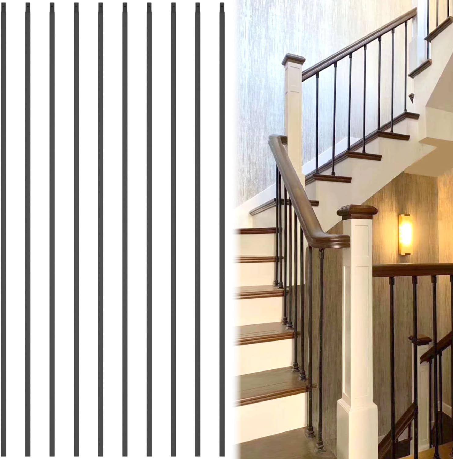 1/2 inch Wrought Iron Balusters Square 1/2" x 44" Hollow Plain Bar Balusters for Staircase Interior Satin Black Metal Railing Iron Spindles for Indoor Stairs (10)