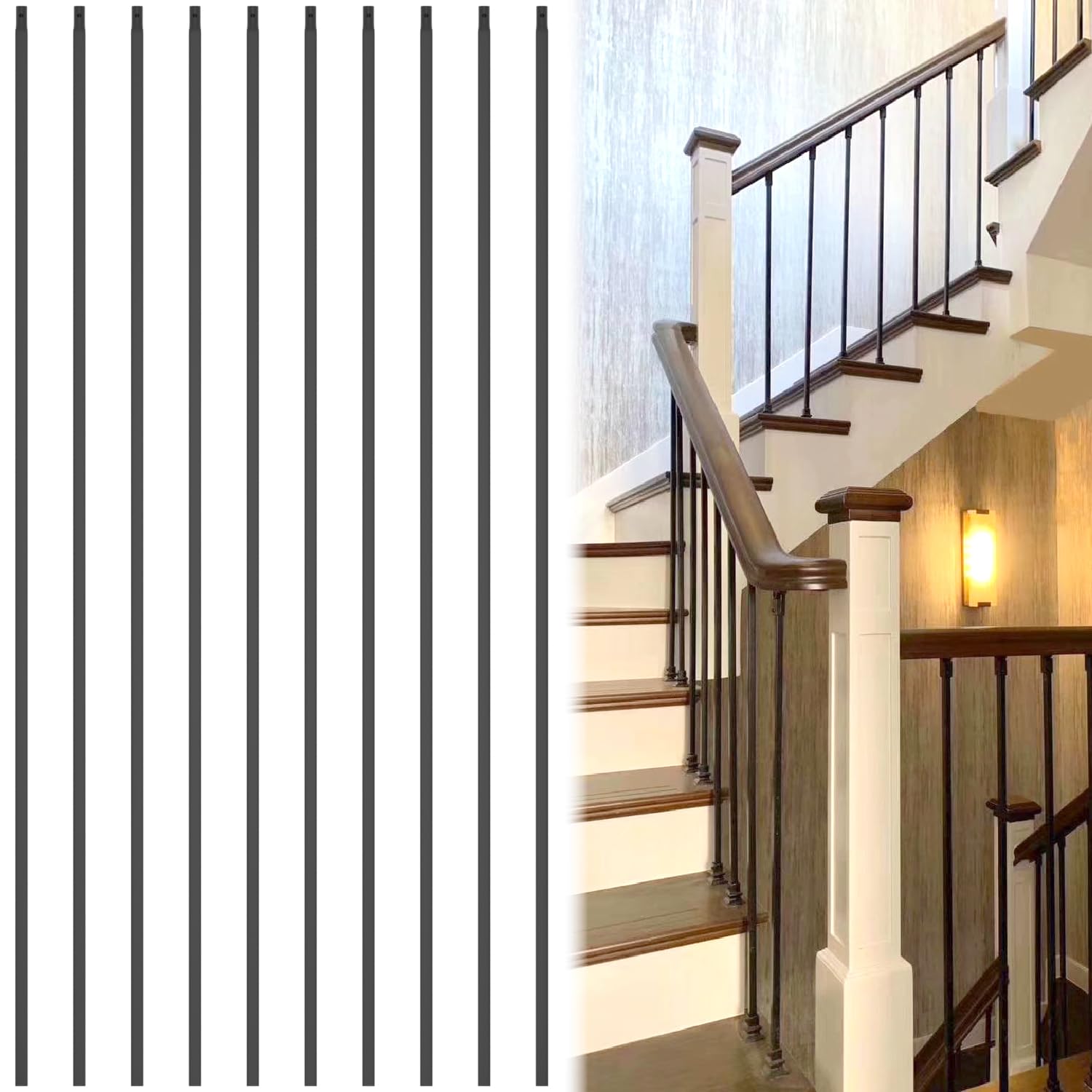 1/2 inch Wrought Iron Balusters Square 1/2" x 44" Hollow Plain Bar Balusters for Staircase Interior Satin Black Metal Railing Iron Spindles for Indoor Stairs (10)