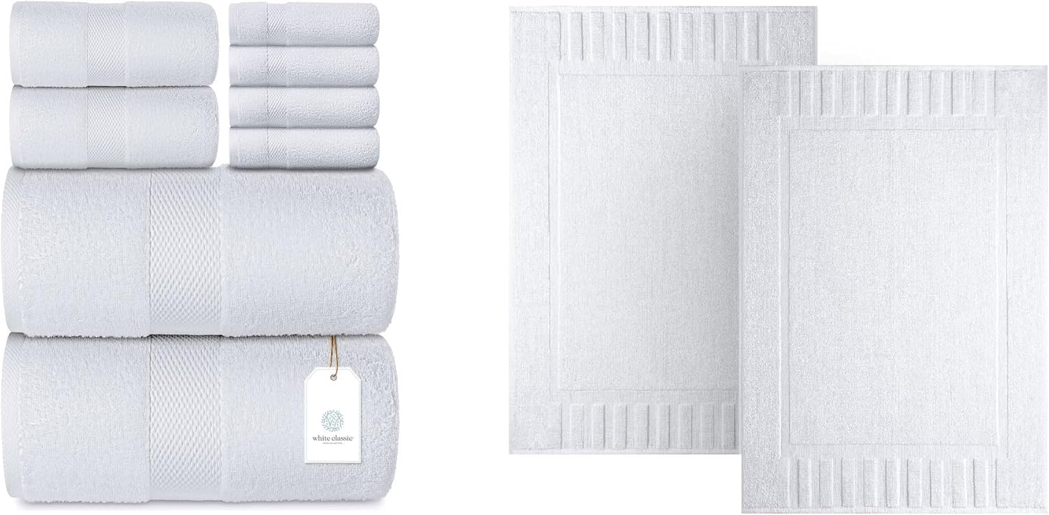 White Classic 8-Piece White Towel Set [2 Bath Towels, 2 Hand Towels, 4 Washcloths] and 2 Luxury White Bath Mats 22 x 34 | Cotton, Highly Absorbent and Quick Dry for Hotels, Spa and Bathroom