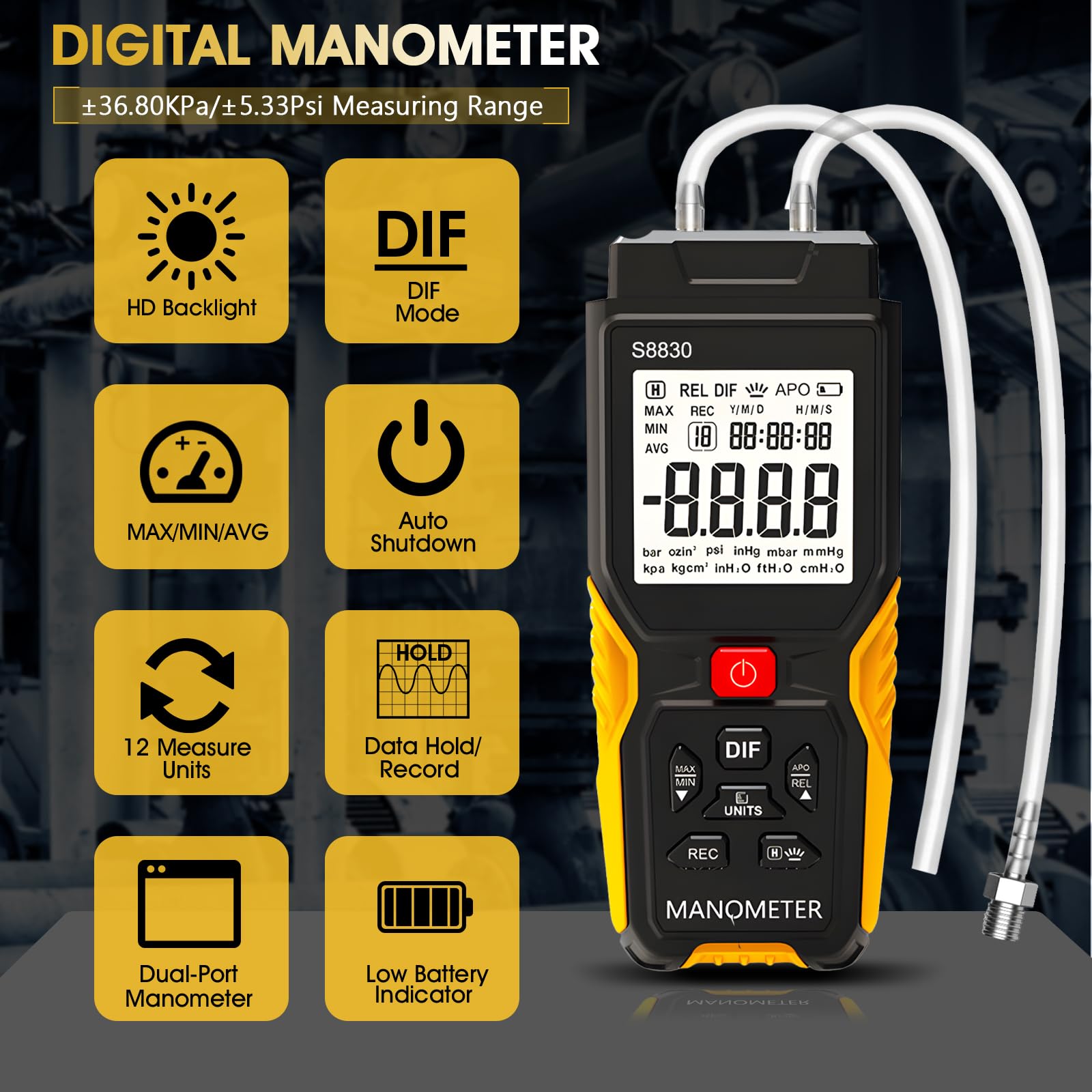 Manometro digitale, misuratore di pressione differenziale con due porte ± 36,8 kPa, HVAC Handheld a 12 unità, retroilluminazione per condizionatori d'aria, condotti di ventilazione