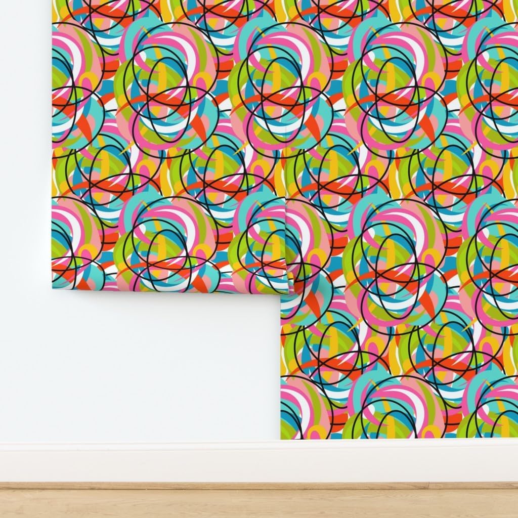 Spoonflower Peel & Stick Wallpaper 3ft x 2ft - Mod Modern Graffiti Swirl Summer Groovy Happy Custom Removable Wallpaper