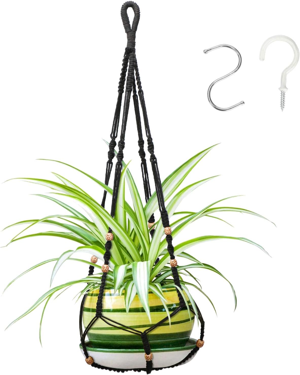 Hanging Planter Indoor, Macrame Plant Hanger, No Tassels Plants Basket Flower Pot Holder with Wood Beads Decorative and Ceiling Hooks for Outdoor Boho Home Decor, 4 Legs, Black