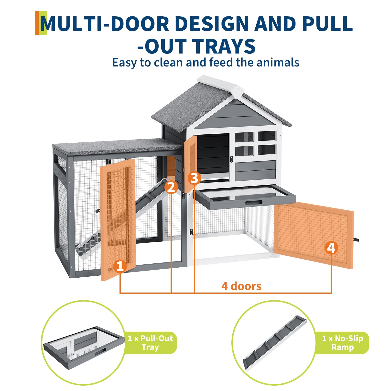 GarveeLife Jaula de Madera de 2 Niveles para Conejos, gallinas y cobayas – Uso Interior/Exterior – Techo Impermeable, Bandeja extraíble, rampa Antideslizante, 4 Puertas – Gallinero y casa para