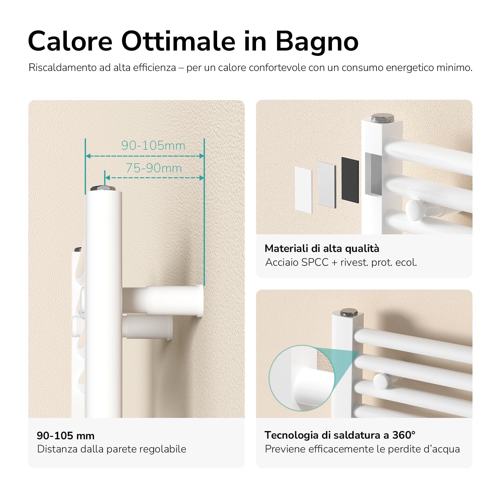 EMKE Scaldasalviette termoarredo, 120 x 50 cm, bianco colore, radiatore scaldasalviette ad acqua calda, termoarredo da bagno con collegamento centrale