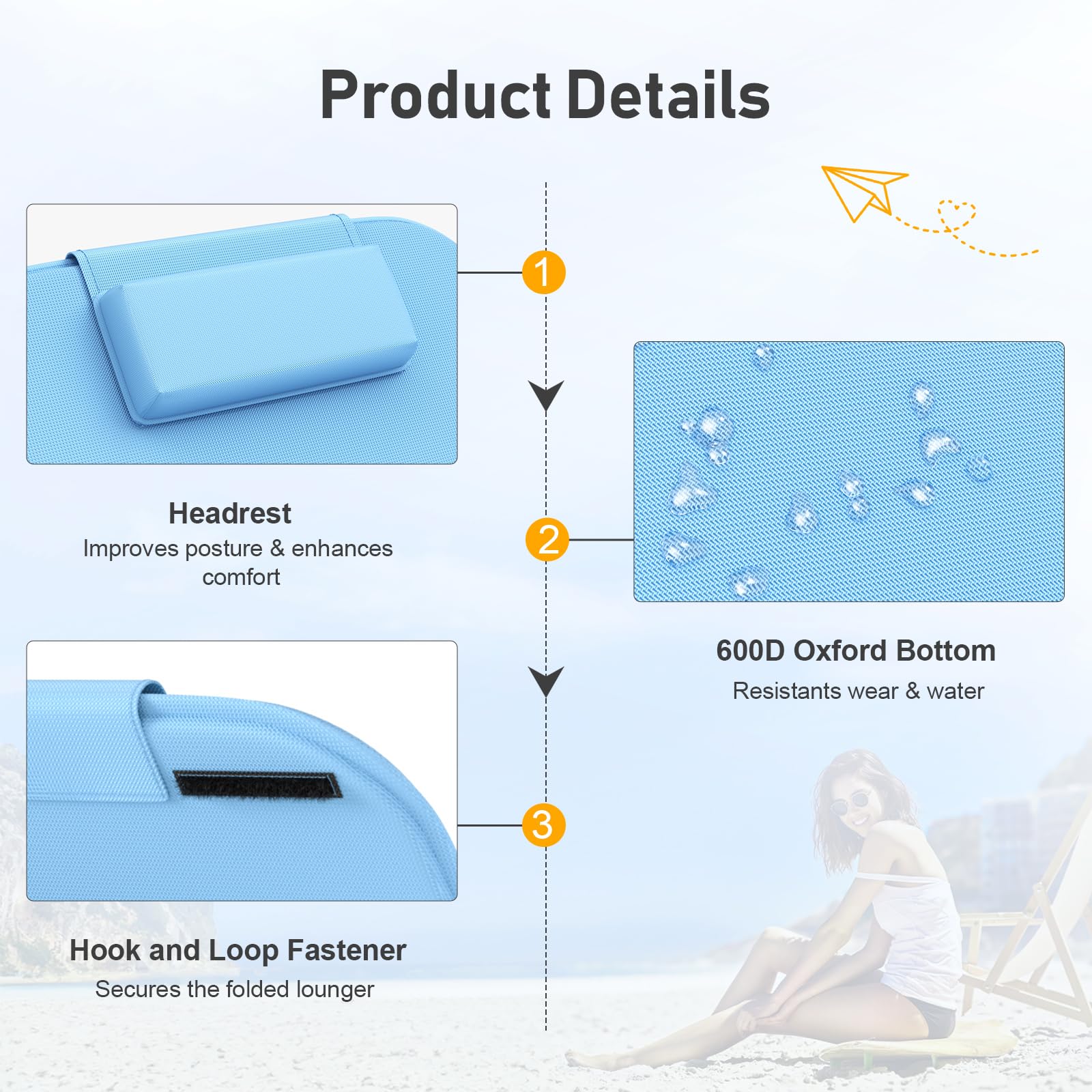 WildFun 165 X 55 cm Chaise de Plage Pliante Portable avec Sac de Transport, chaises de Plage à Haut Dossier en Maille pour Adultes, Chaise pour l'extérieur, Le Camping, Le Barbecue (1pcs, Bleu)