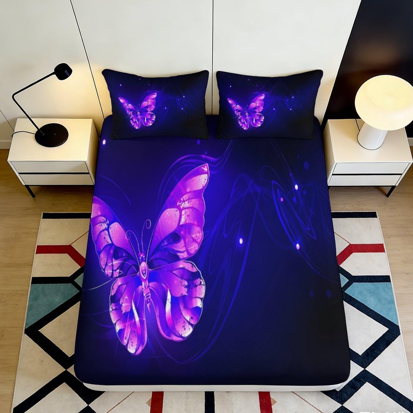 3D Printed Purple Butterfly Fitted Sheet Microfiber Soft Breathable Neon Glow Bed Cover for Bedroom Dormitory Guest Room Mattress Protection 200x200x25cm