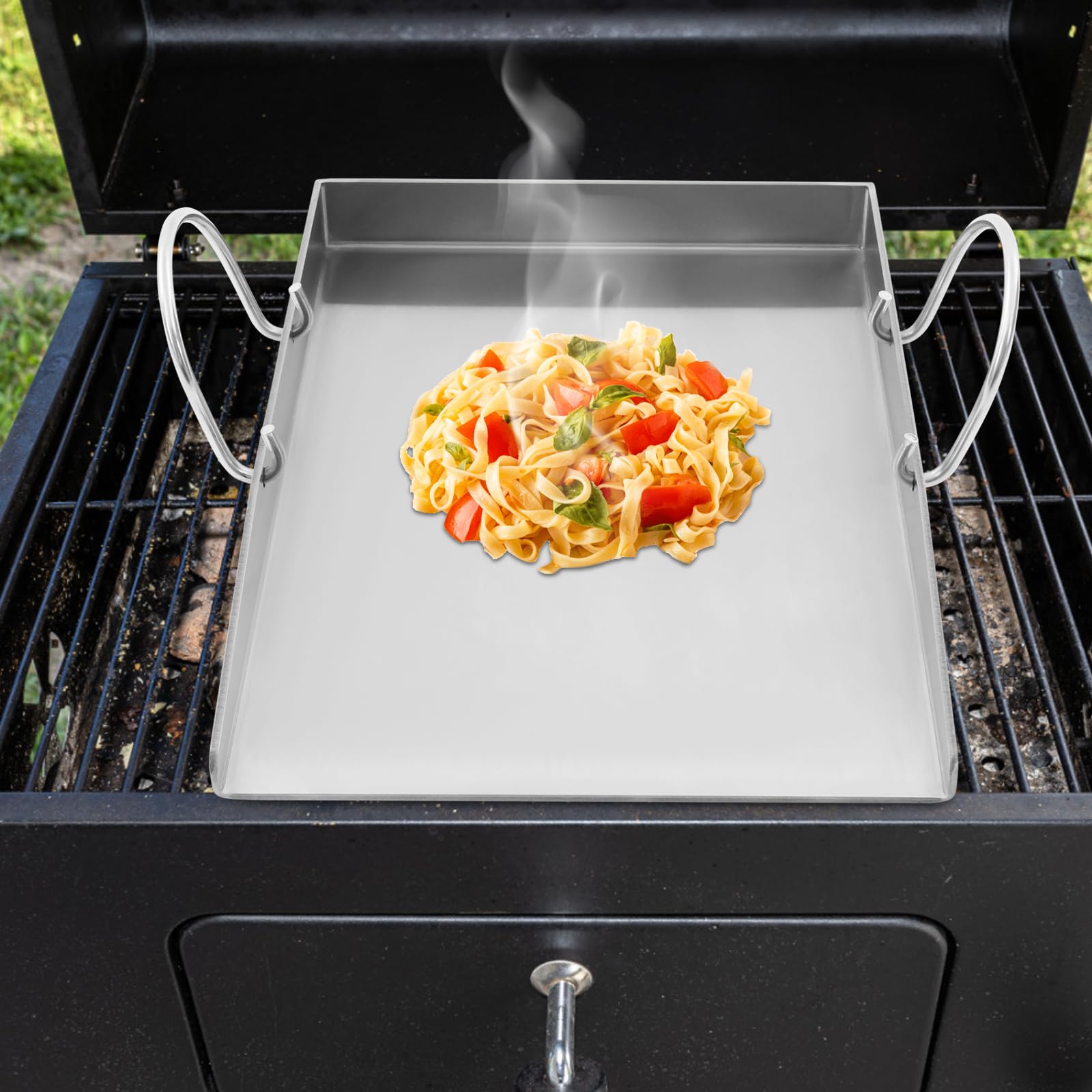 Plancha de acero inoxidable con asas y 2 espátulas, 4 mm de grosor, tolerancia a la temperatura superior a 170 ℃, para barbacoas al aire libre, camping, celebraciones familiares