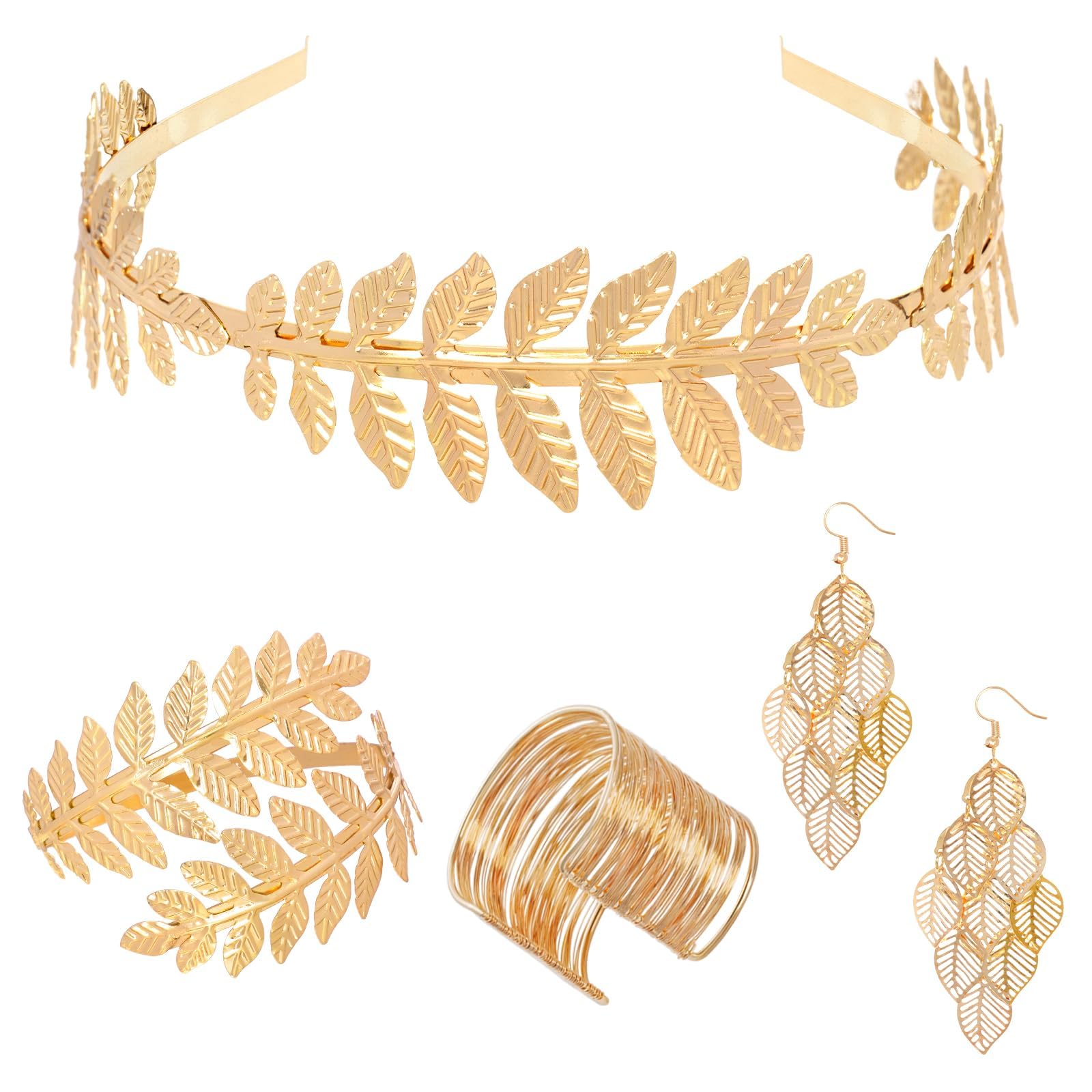 YUSHWENPTY Set de Accesorios de Disfraz de Diosa Griega, Diadema de Corona de Hoja de Laurel Dorada, Brazaletes el Brazo, Pendientes Colgantes, Bisuteria de Diosa Griega, para Fiesta, Boda, Carnaval