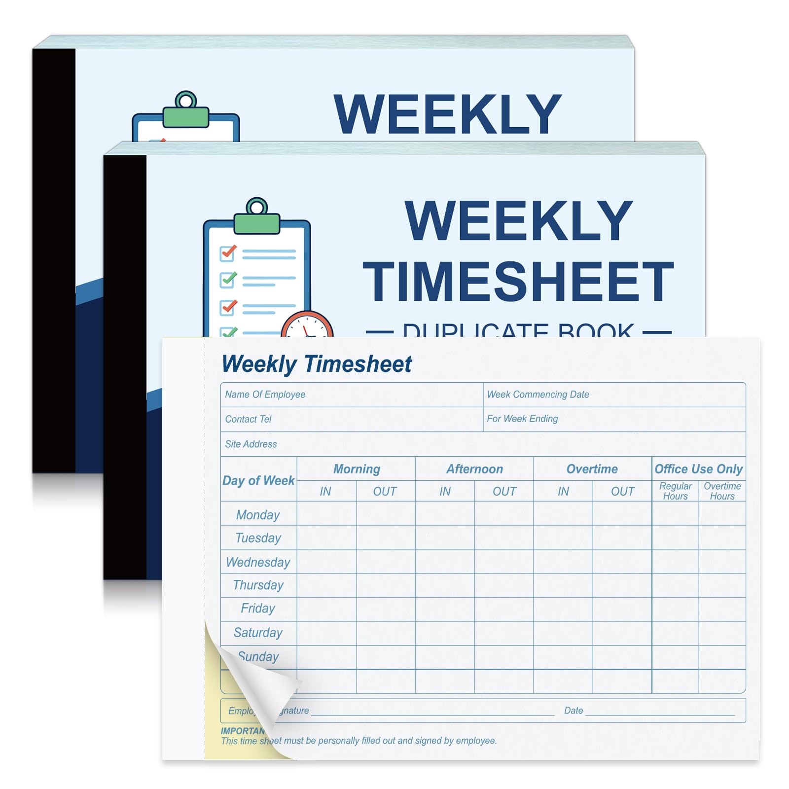 2 Pack A5 Weekly Timesheet Duplicate Book 50 Sets Carbonless Tear Off Pad Employee Timesheet Log Book Record Employee Work Hours & Overtime for Small Businesses