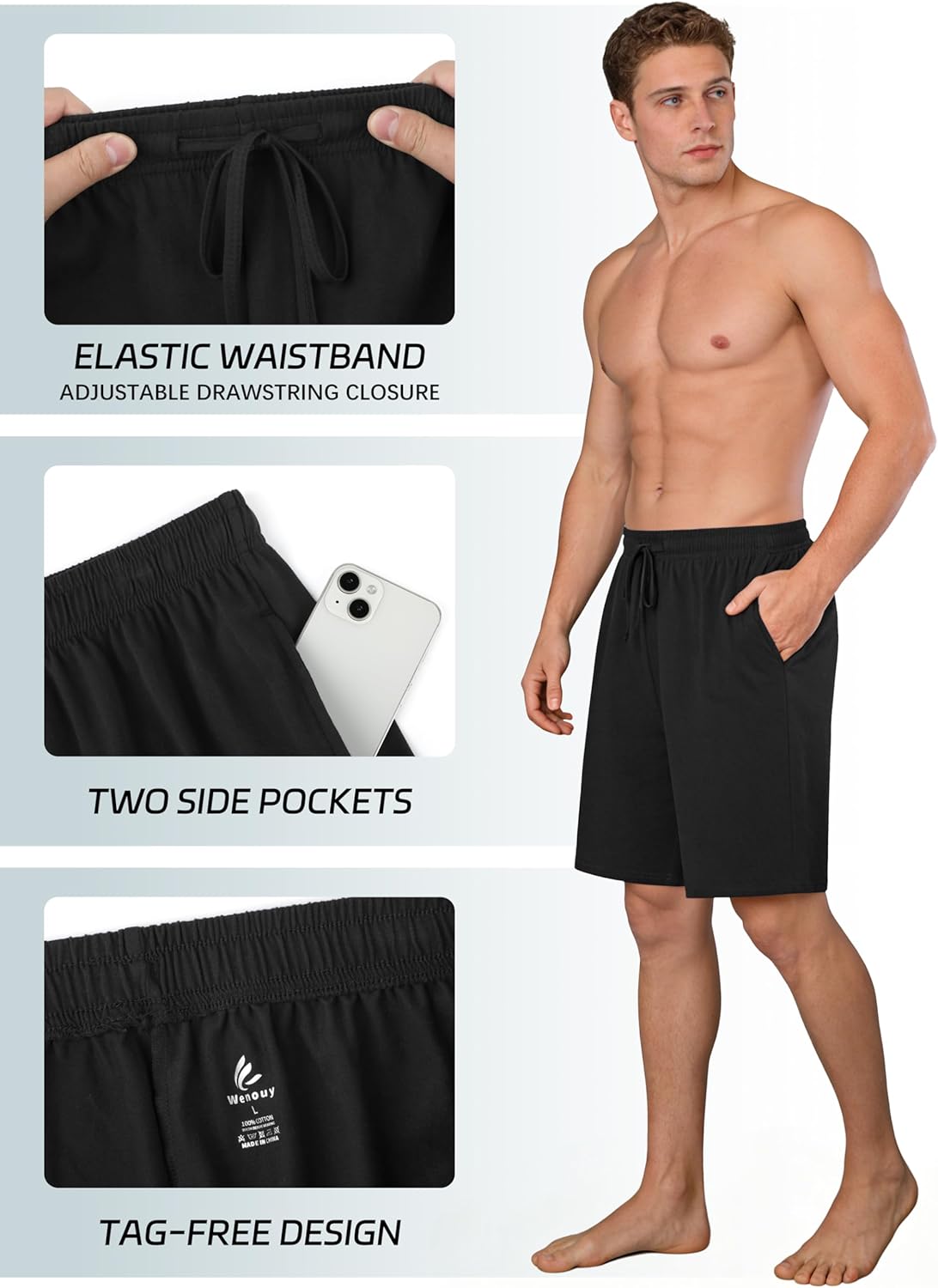 3 Pack Mens Cotton Pajama Shorts Soft Comfortable Lounge Shorts with Drawstring & Two Pockets Sleep Bottoms for Men - Image 4