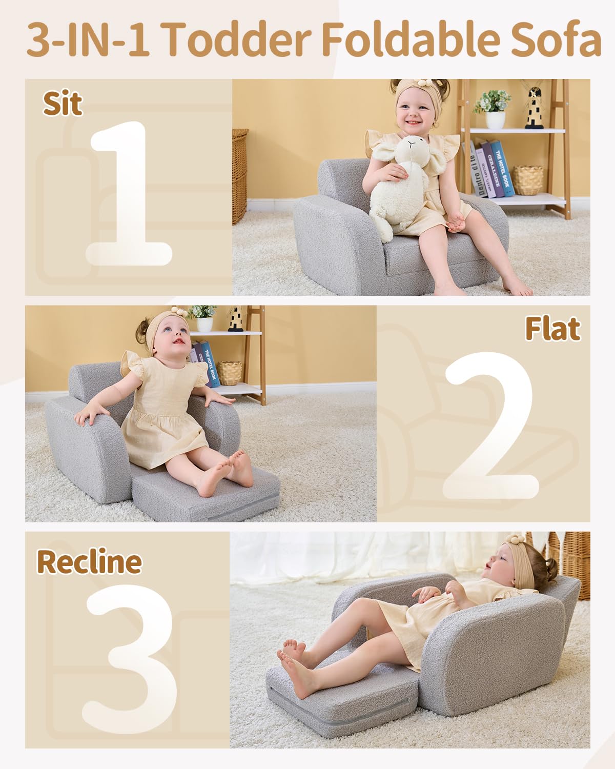 3-in-1 Toddler Couch, Toddler Chairs Comfy 1-3 Years Old, Kids Couch Bed Fold Out, Gifts for 1 2 Year Old Girls Boys 2