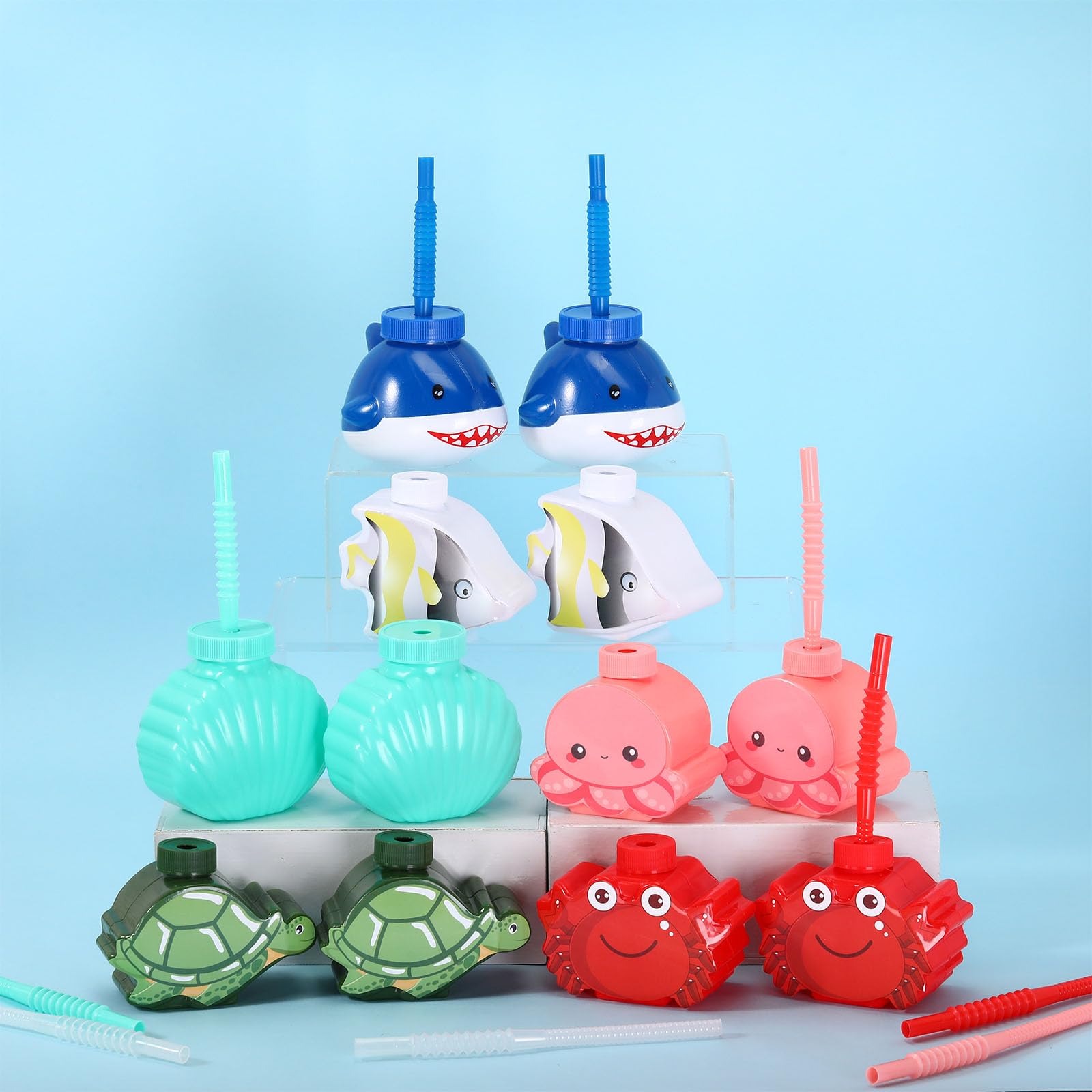 Tanlade Under the Sea Party Plastic Cups 10 oz Ocean Sea Shark Seashell Crab Turtle Fish Octopus Cups with Straw Lids for Ocean Themed Beach Birthday