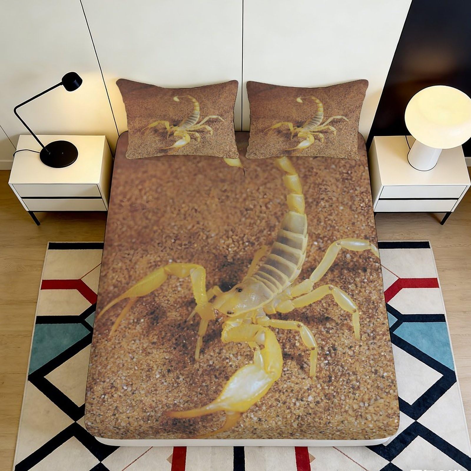 3D Printed Desert Scorpion Fitted Sheet Microfiber Non-Slip Deep Pocket Desert Pattern Mattress Fitted Cover Washable Bedroom Bedding 140x200x25cm