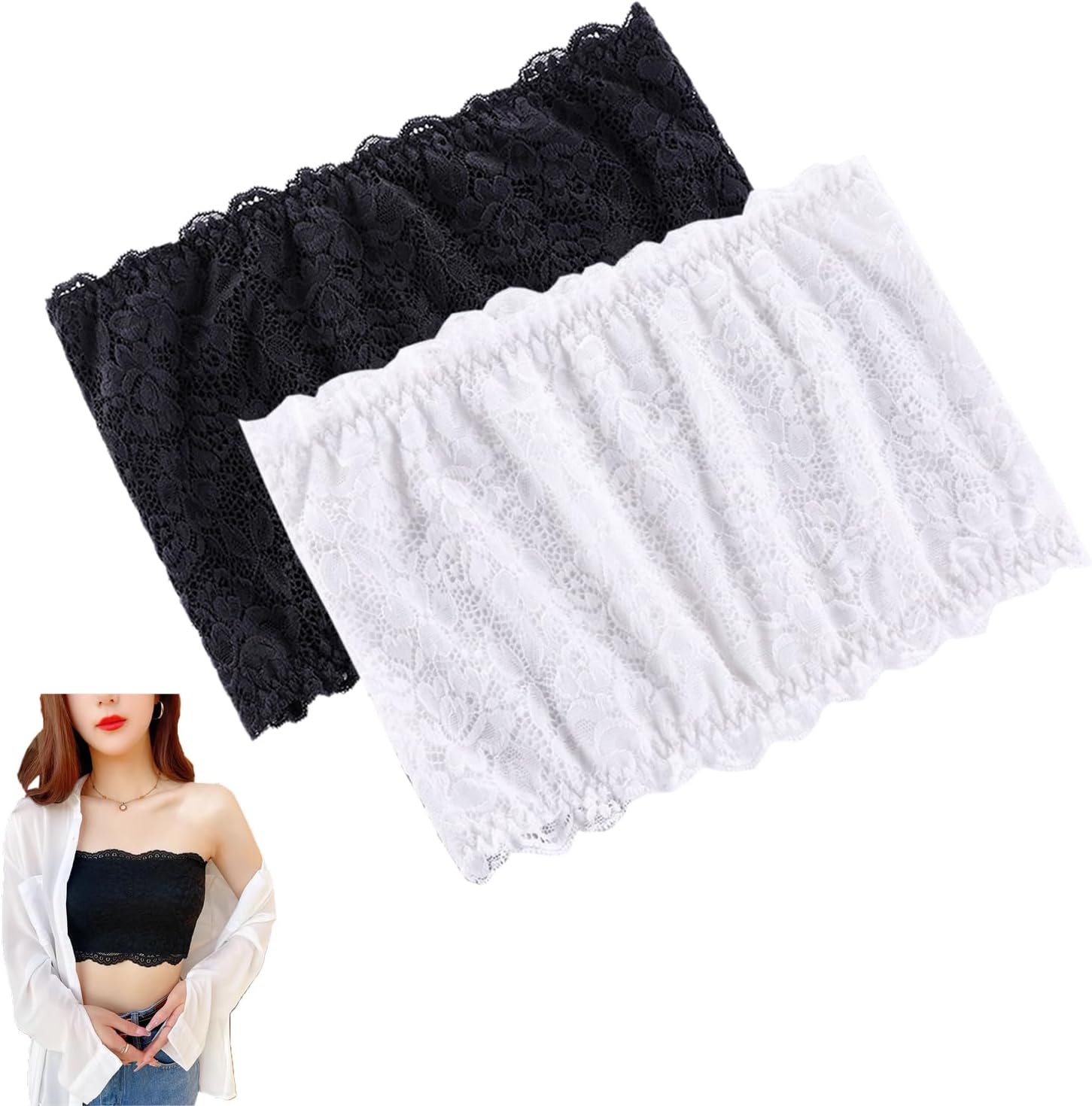 Women Lace Tube Tops Modesty Panel Cleavage Cover for Low Neckline Lace Strapless Bra Bandeau Top Chest Wrap Girls