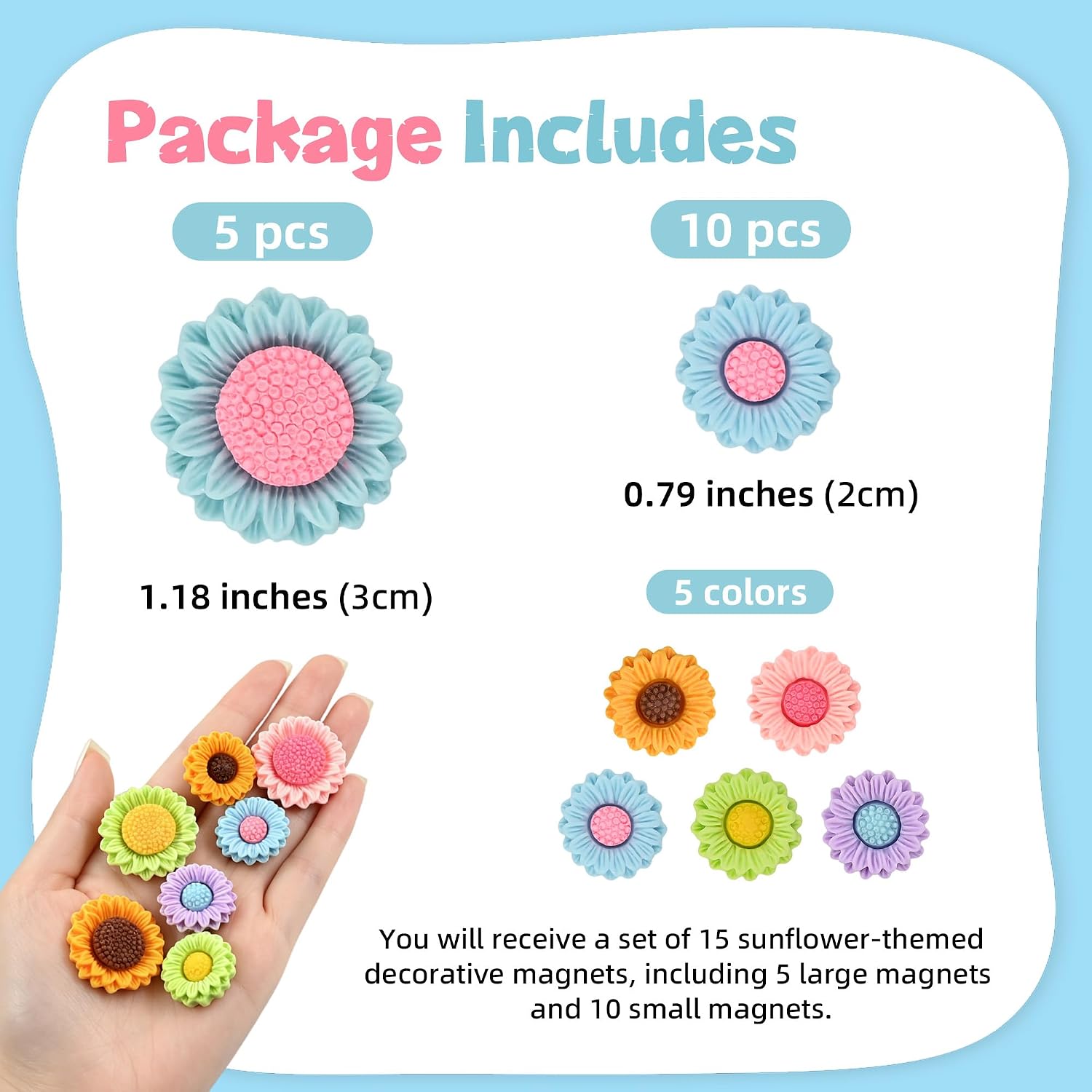15 Pcs Magnetic Fridge Magnets Colorful Sunflower Decorative Flower Magnets for Home Kitchen and Office Decor and Organization image 2
