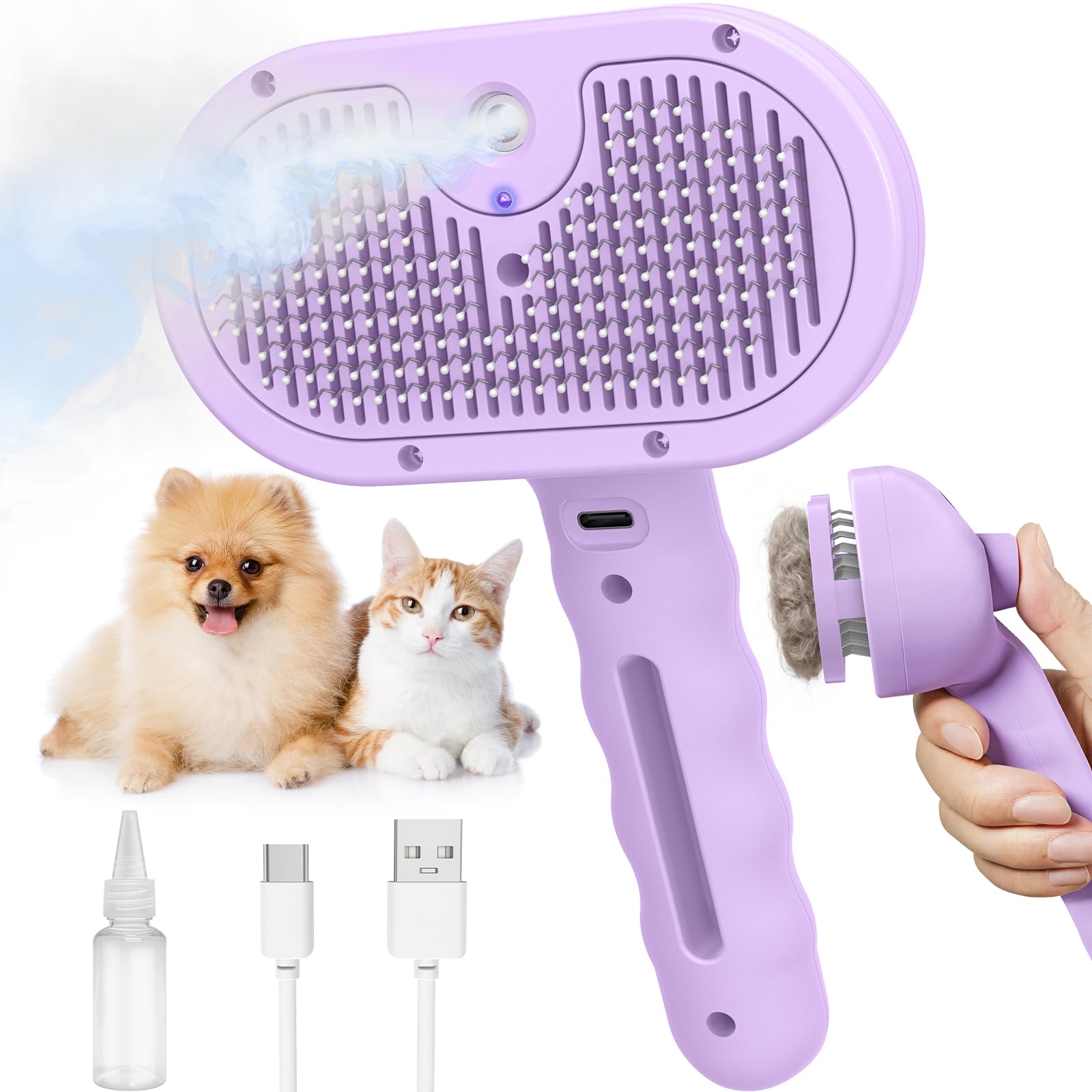 Cepillo para perros y gatos, cepillo de vapor para mascotas, cepillo de vapor para perros y gatos, peine antiestático de pelo largo y corto, herramienta de peluquería para mascotas, morado