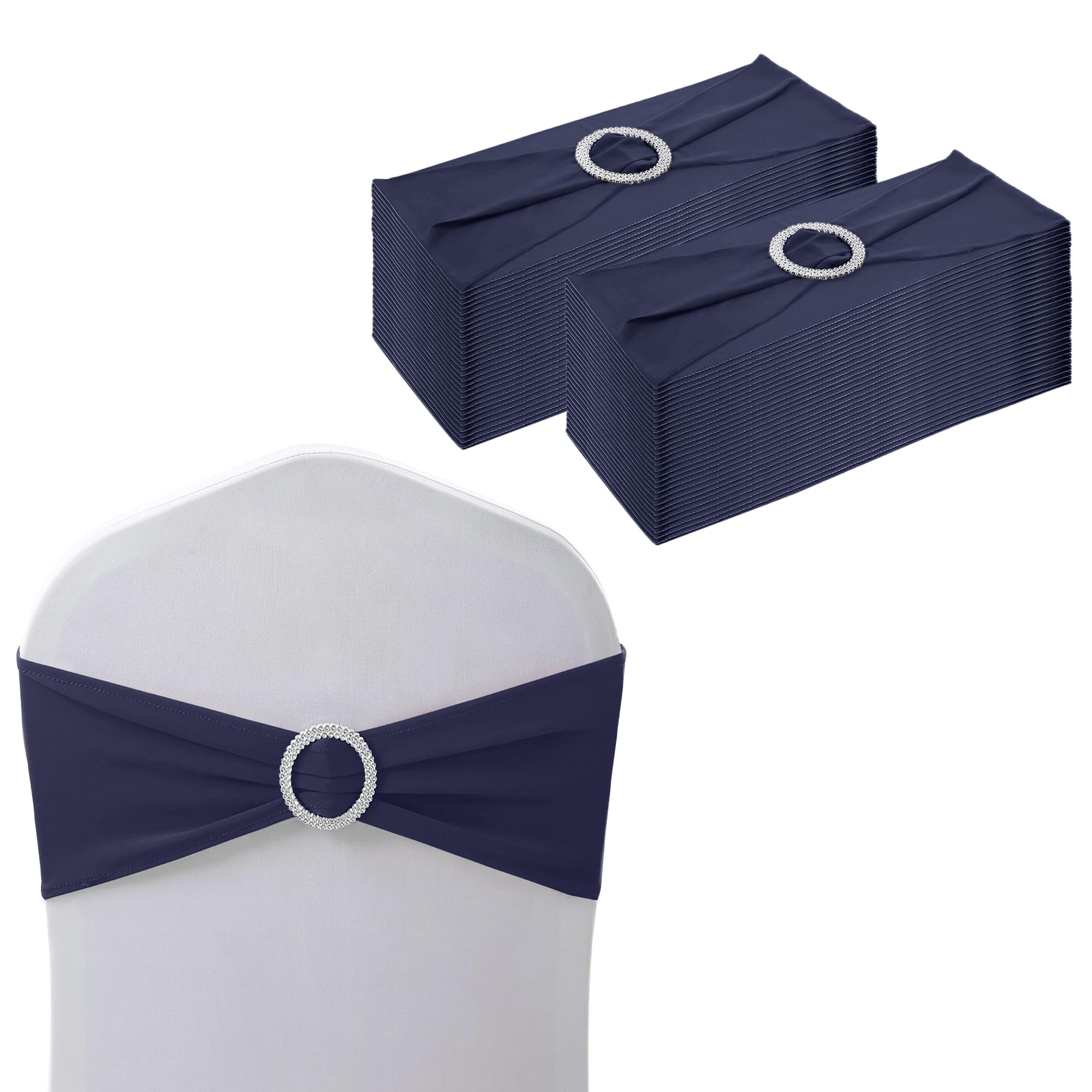 WedDecor Stretch Chair Bands Plain Spandex Band with Slider Buckle for Wedding Party Chair Decoration, Events Supplies, Formal Meeting, Navy Blue, 13 x 6 Inches, 25pcs