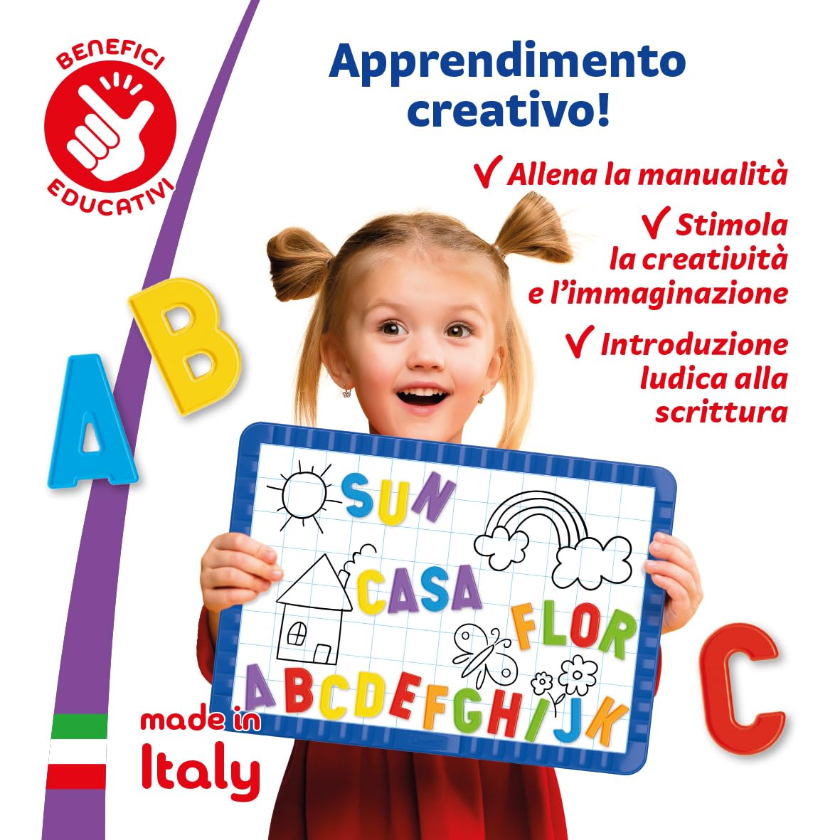 Quercetti Magnetino Letters Basic, Lavagna Magnetica per Bambini con 48 Lettere Magnetiche per Bambini, Gioco Educativo 4 Anni per Imparare l’Alfabeto, Made in Italy