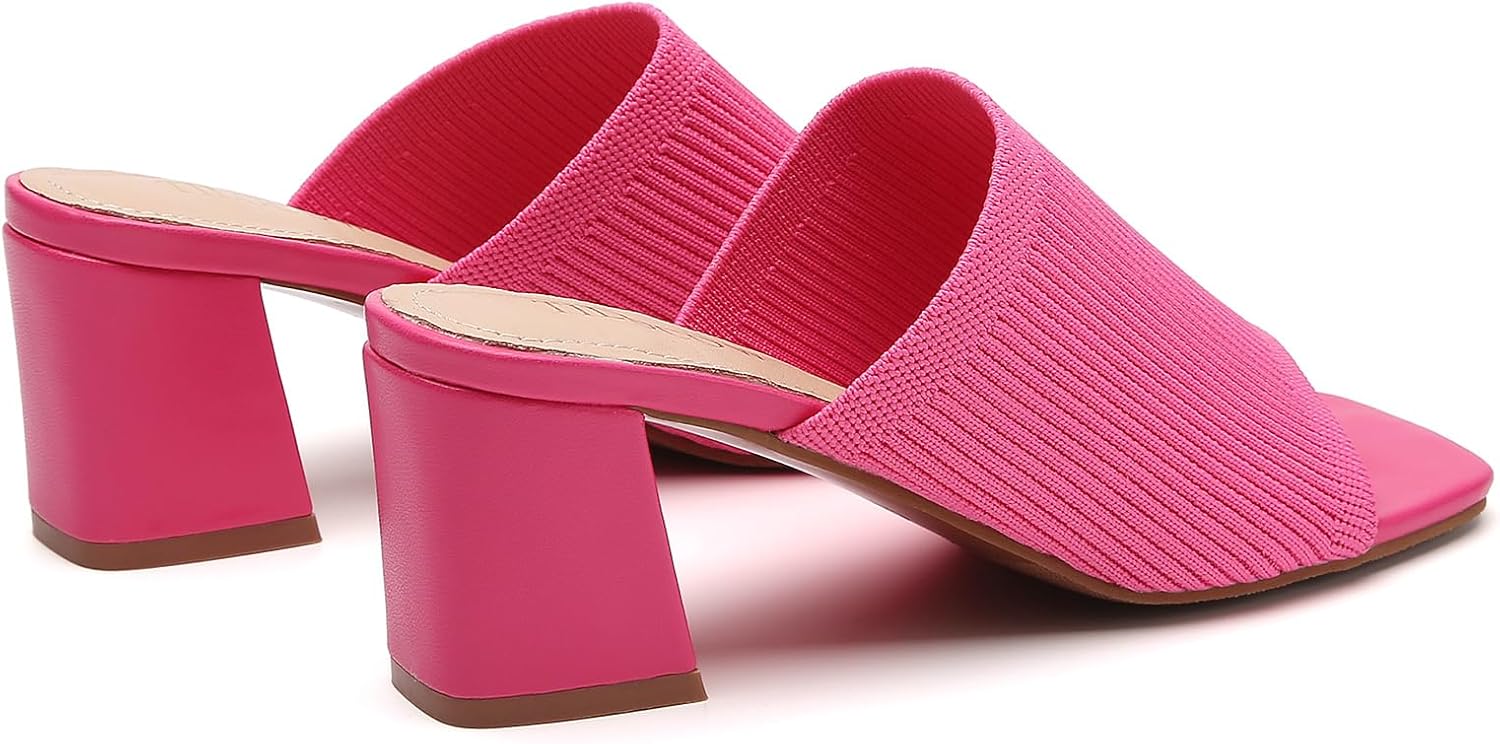 Tilocow Knit Heeled Sandals for Women, Square Open Toe Heels Sandals, Chunky Block Low Heel Slip On Mules - Image 6