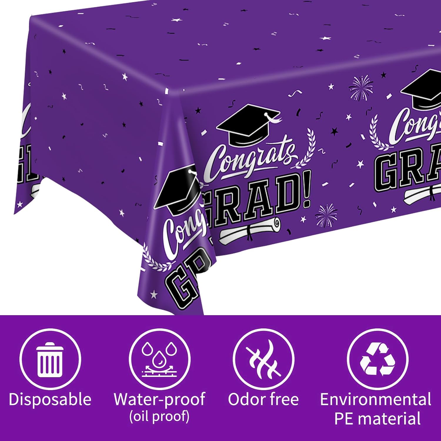 Staraise 2025 Graduation Party Table Decorations 3PCS Purple Graduation Tablecloths,Waterproof Plastic Rectangular Disposable Table Cover for Congrats Grad Cloths Party Supplies,51.2x86.6inch