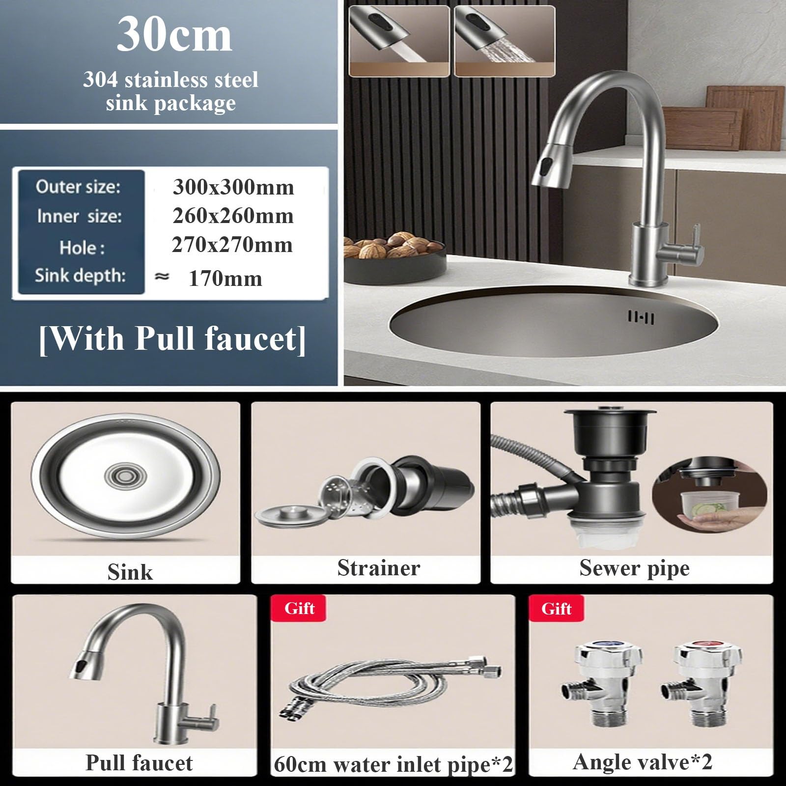 Lavello da Cucina,lavello Tondo in Acciaio Inox 304 con Rubinetto - Cucina a Vasca Singola per Isola,Bar,Camper,Lavanderia,sottotop,Finitura Nichel Spazzolato