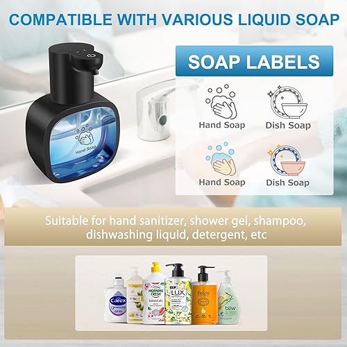 Miniatura 6 de Dispensador automático de jabón líquido con capacidad de 17 onzas, dispensador de jabón sin contacto con 4 niveles ajustables, recargable, montado