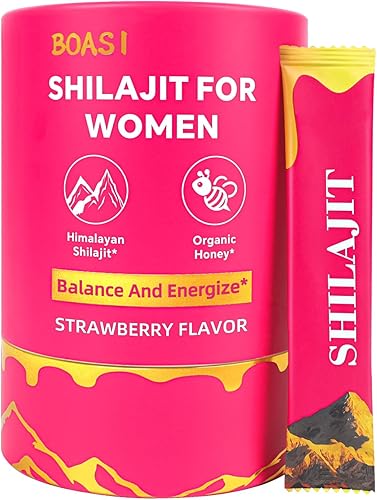 Palitos de miel Shilajit de fresa para mujer, Shilajit para mujeres con shatavari y azafrán, para el equilibrio hormonal y el equilibrio energético