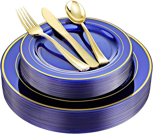 bUCLA 30Guest Clear Blue Plastic Plates With Gold Rim&amp;Disposable Gold Plastic Silverware -Blue And Gold Disposable Dinnerware For Wedding&amp;Parties, Special for Bridal Shower