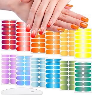WOKOTO 12 Sheets Bright Color Gradient Nail Stickers Full Wraps for Women Solid Ombre Art Gel Strips With File Kit Press On Polish