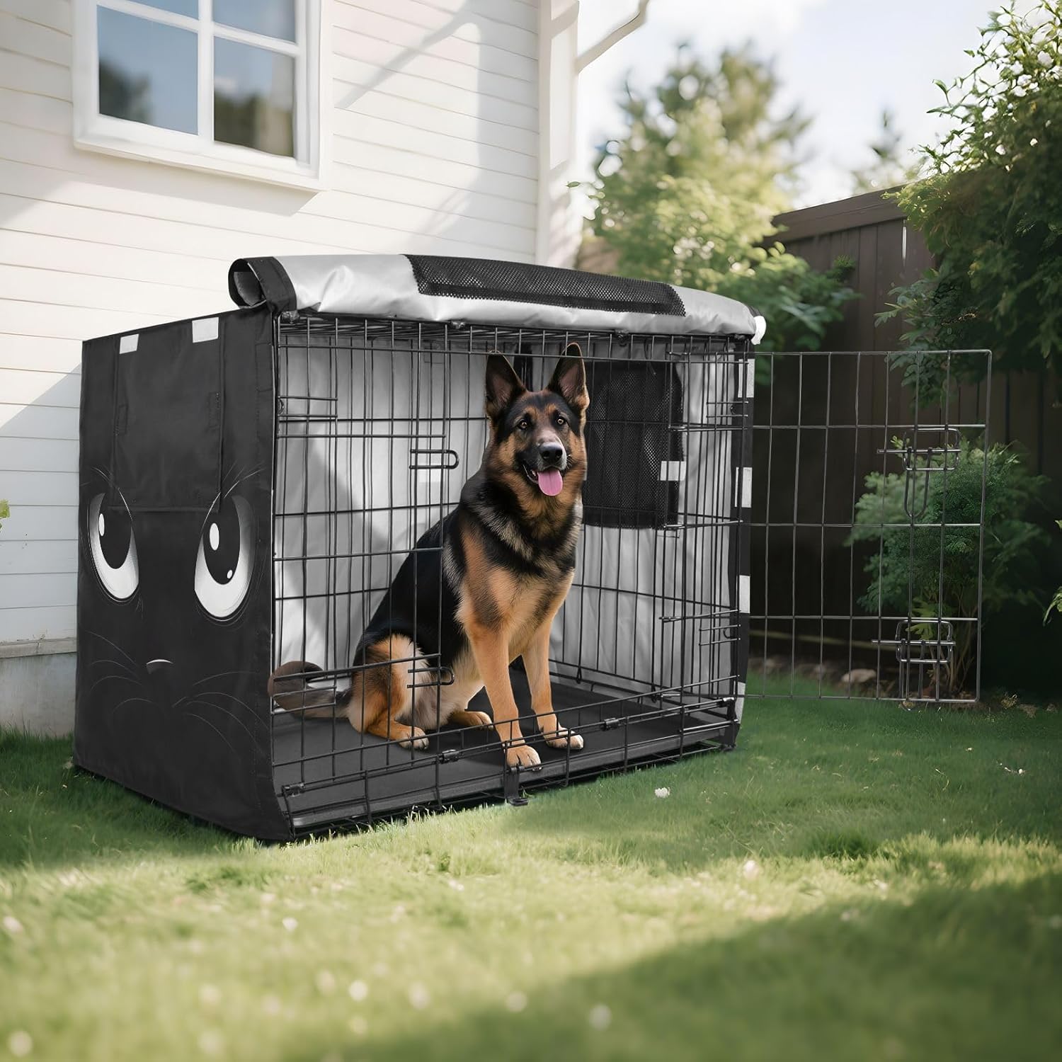 Funny Eyes Dog Crate Covers S-XL Windproof Pet Kennel Cover with Mesh Windows, Reduces Barking, X-Large