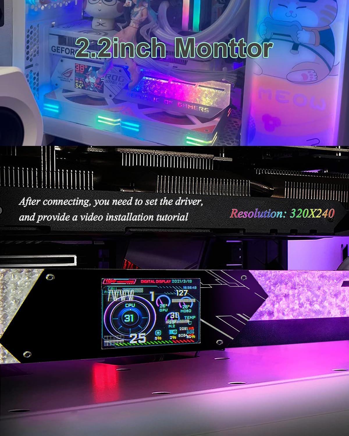 Supporto per Scheda Grafica RGB, Supporto per Gpu con Display da 2,2 Pollici, Risoluzione 320 * 240, Supporto per Scheda Grafica Serie 30/40, per Appassionati di Esport Fai da Te Black