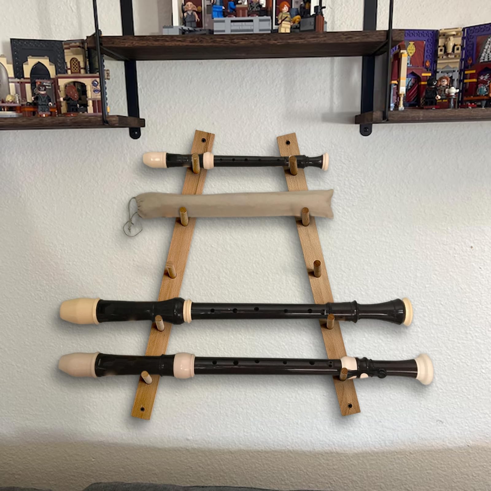 Flute Wall Mount Stand, Wooden Flute Storage Stand for 5 Flutes and Piccolos, Space Saving Instrument Storage on Wall Mount for Many Different Flutes, Unique Gift for Musicians and Collectors