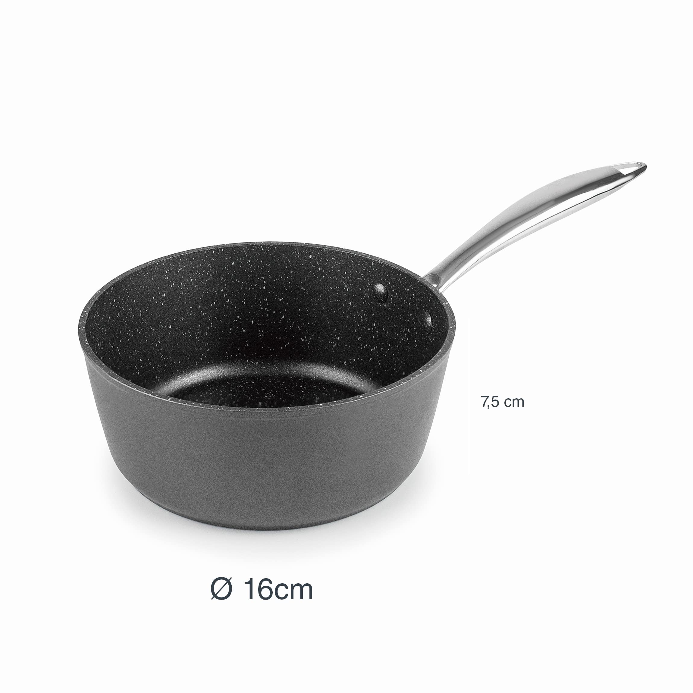 Lacor - 27056 - Cazo Recto Easy de Aluminio forjado, Recubrimiento antiadherente TRIcapa, Fondo Full Induction, Mango de Acero Inoxidable, Ø 16 x 7,5cm, Negro